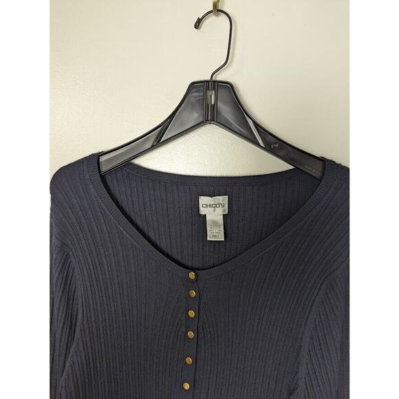 Chico's Size 3 Pullover Knit Sweater Vneck Snap accent Long Sleeve Navy … - Picture 8 of 11